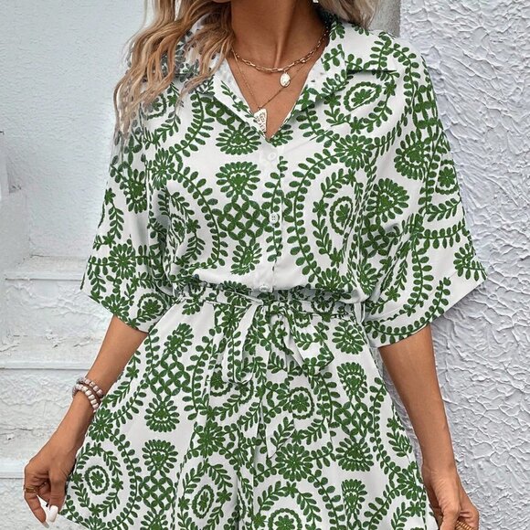 Green Boho Women's Summer Beach Floral Printed Shirt Jumpsuit Shorts - Picture 2 of 5